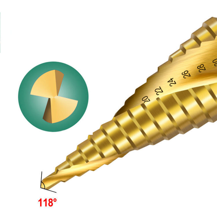 Industrial HSS Titanium-Coated Step Drill Bit with 1/4" Hex Shank Detail 1